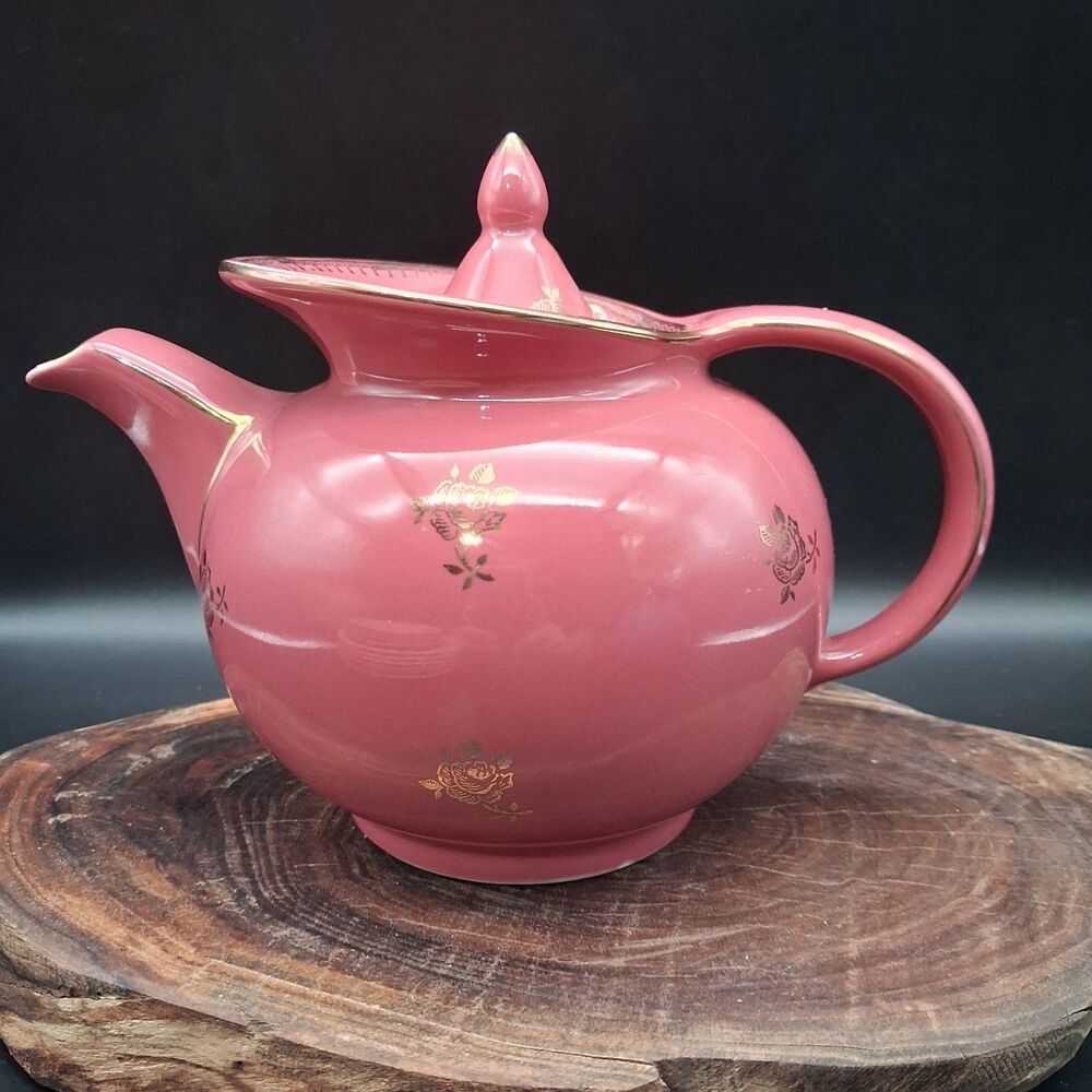 Vintage Hall China Windshield Teapot 6 Cup Orchid Pink Mauve Gold Roses 0691